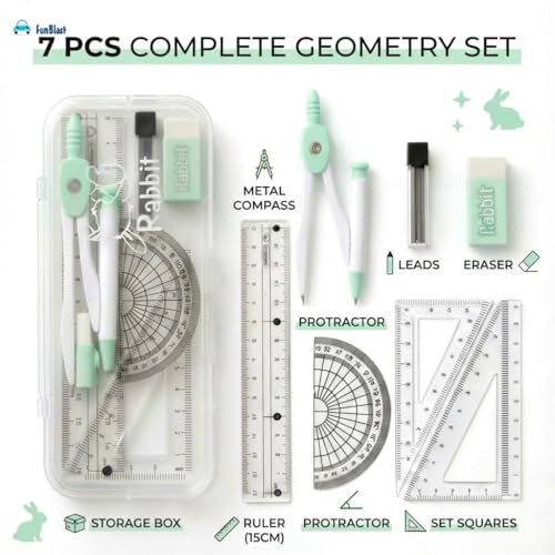 Image of FunBlast Rabbit Theme Compass Set - 7 Pcs Transparent Geometry Box with Protector, Set Squares, Ruler, Compasses, Ruler Set, Math Geometry Kit for Student & Professional (Green)