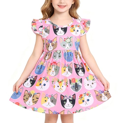 Toddler Girl Dress Pink Cat Print Short Sleeve Summer Outfits 5-6Y