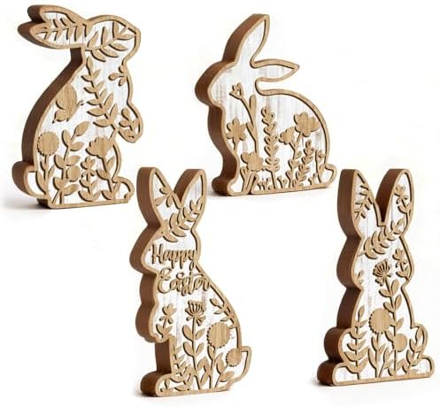 Amazon.com: Beeveer 4 Pcs Easter Bunny Table Wooden Signs Bunny Shaped ...