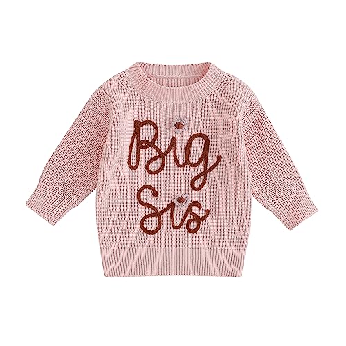 YINGISFITM Baby Girl Big Little Sister Embroidered Chunky Knit Sweater Crewneck Long Sleeve Sweatshirt Matching Outfit (Pink Big sis, 2-3 Years)