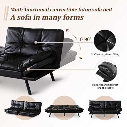 Opoiar Futon Sofa Bed, Lounge Memory Foam Sleeper Couch For Compact Living Spaces, Convertible Foldable Loveseat With Armrests,Black/Faux Leather,71" W #TOP3