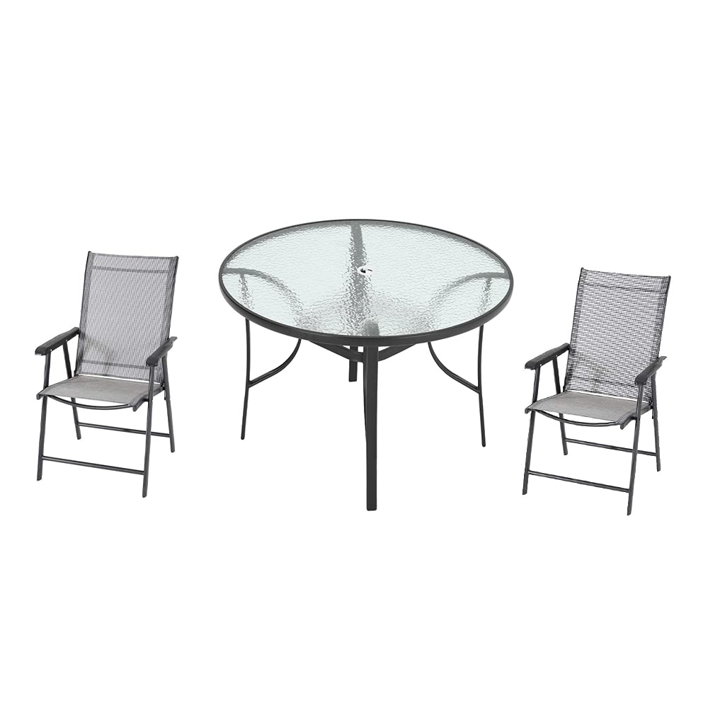 DKIEI Garden Furniture Sets Table & 2 Chairs Set 105CM Round Garden Dining Table with Parasol Hole Garden Folding Chairs for Patio Deck Indoor Outdoor Black