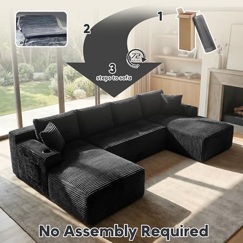 Image of 125 Inch Modular Sectional Sofa, Cloud Couch Oversized U Shaped Corduroy Sofa with Storage & Cupholders, Modern Deep Seat Boneless Couches for Living Room, No Assembly Required, Black