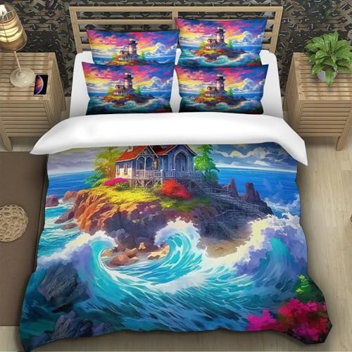 Housse de couette 3D phare 200x200cm avec fermeture éclair cachée durable