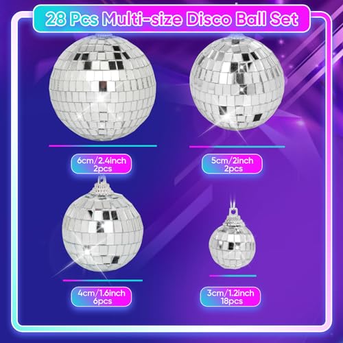 Set de 28 bolas espejadas mini plateadas y 1 bola espejada rosa de 6 pulgadas para decoración de fiestas temáticas de los 70, Navidad, cumpleaños y bodas miniatura 3