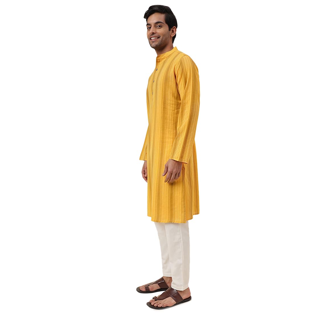 Fabindia Men's Cotton Striped Slim Kurta (1030817Yellow_Yellow