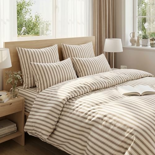 Image of Nayoroom Brown Striped Duvet Cover Queen Size Beige Striped Duvet Cover Dorm Bedding Set 3 Pieces Soft Lightweight Microfiber Farmhouse Bedding Set Gifts for Women Men