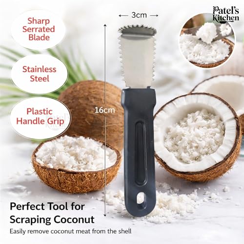 Image of PATEL'S KITCHEN Coconut Scraper Tool with Bent Stainless Steel Blade | Hand Coconut Grater with Strong Non-Slip Handle | Coconut Scraping Tool for Chutney, Curry & Sweets - 2 Units