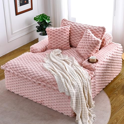 KEIKI 51" Corduroy Chaise Lounge Indoor, Luxury Oversized Sleeper Sofa Bed w/Pillows & Backrest, Corner Sleeper Reading Chair for Living Room, Deep Seating, No Assembly Required, Pink