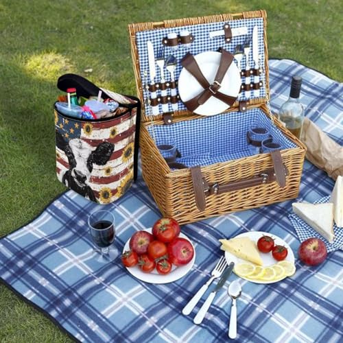 Image of Talayituse Cow Sunflower American Flag Print Car Trash Can with Adjustable Straps, Foldable Car Trash Bag Bin Car Garbage Bag Multipurpose Storage Box for Vehicle Travel Camping Picnicing