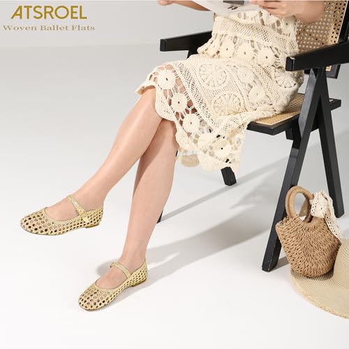 Image of Woven Ballet Flats for Women Round Toe Mesh Flats Buckle Strap Flat Shoes Comfortable Mary Jane Dressy Mesh Shoes Casual Ballerina Mary Janes
