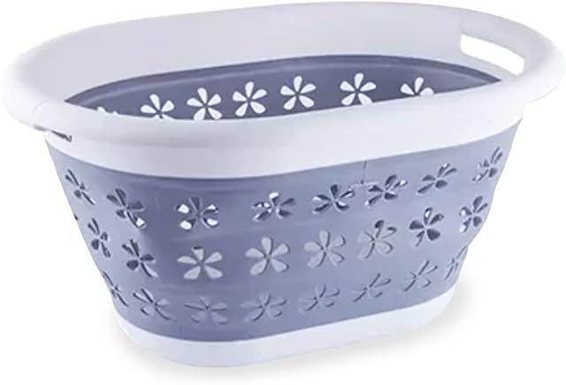 ACUNA Foldable Laundry Hamper Basket 17L, Collapsible Hip Hugger Laundry Storage Basket | Easy Pop Up Multi Use Space Saving Collapsible Laundry basket For Laundry Room, Bedroom, Camping (White-Grey)