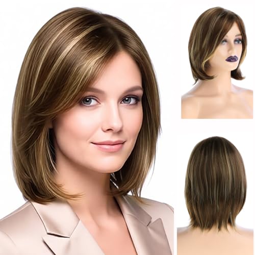 RicHyun Short Women Bob Wigs Side Part Blonde Highlights Brown Wig for Party Halloween Cosplay