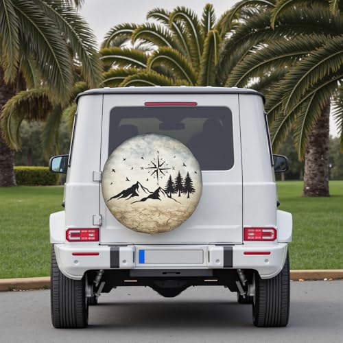 Image of Nature Mountain Land Spare Tire Cover Compass Wheel Covers 15 Inch | Earthy Yellow，Polyester，Protectors Tire Cover，Waterproof，Dust-Proof，Universal，Fit for RV Jeep SUV Motor Travel Camper Tires
