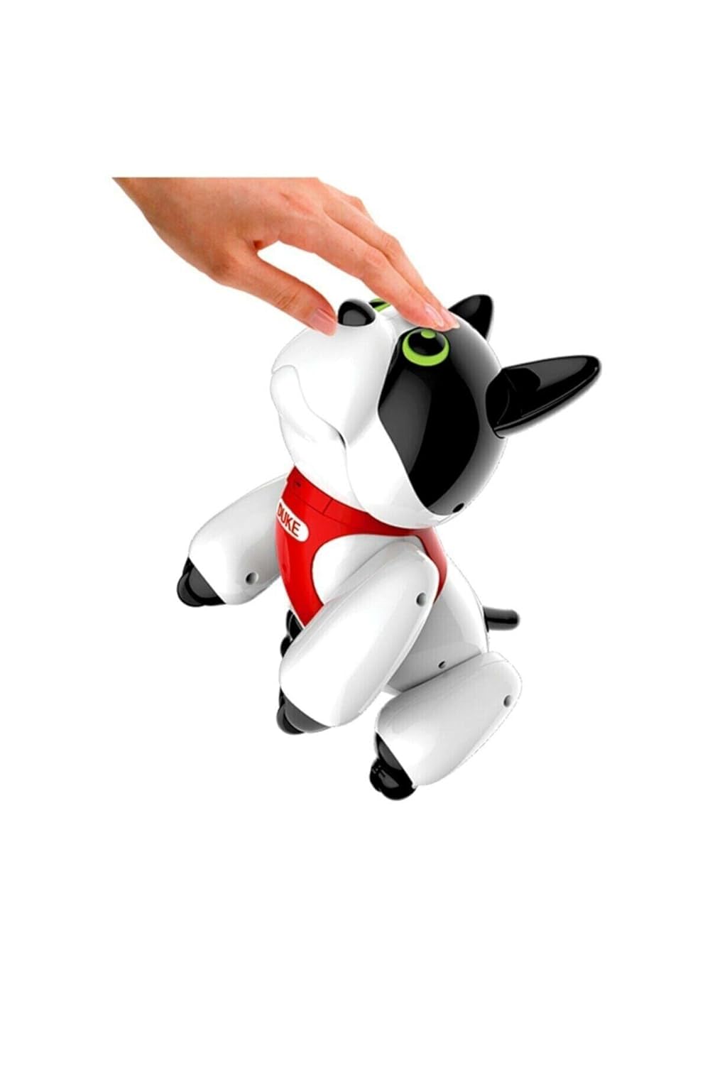 A hand gently touching the head of the Silverlit Duke Robotic Puppy, demonstrating the touch sensor