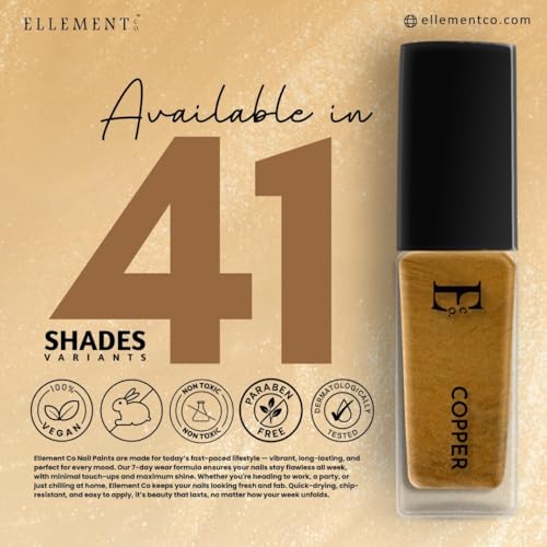 Image of Ellement Co Copper Nail Paint for Women 10 ML | High Gloss Long Lasting Nail Polish | Quick Dry & Chip Resistant Formula | Smooth Application with Salon Like Shine | Vegan, Non-Toxic Nail Colour for Party & Festive