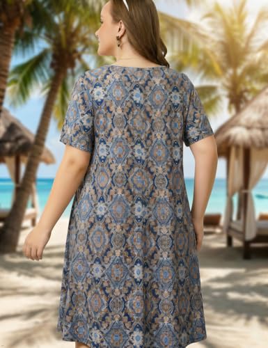 Image of OVERWORETY Womens Short Sleeve Plus Size T-Shirt Dress V Neck Casual Loose Swing A-Line Summer Tunic Dresses with Pockets