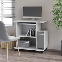 Compact Computer Desk, White Engineered Wood, 31.5x19.7 Inch Rectangular Workstation, Sliding Shelf, Mobile Home Office Table with Wheels, Modern Study Writing Desk