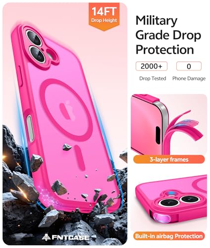 Image of FNTCASE for iPhone 16 Case [Compatible with Magsafe] Translucent Matte Cases with [Screen Protector] Military Grade Shockproof Protective Phone Cover - Hot Pink
