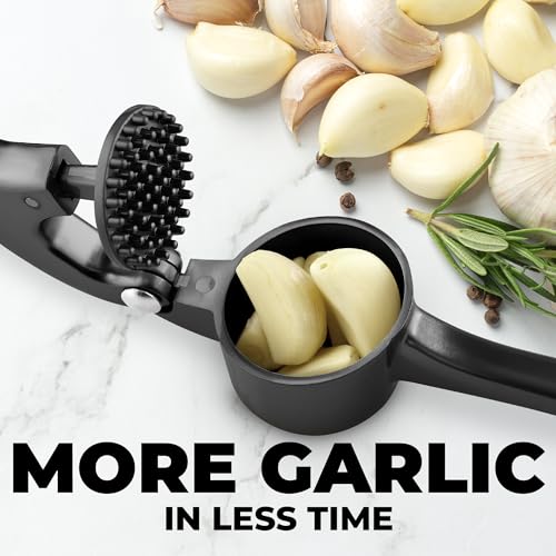 Image of Zulay Kitchen Large Premium Garlic Press Set - Bigger Bowl for Bigger Garlic - Rust Proof Garlic Mincer Tool - Easy-Squeeze, Easy-Clean Silicone Garlic Peeler & Brush (Dark Gray)