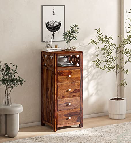 Image of Solid Sheesham Wood Cabinet for Storage | Wooden Chest of Drawer for Kitchen and Home with 4 Drawers (Solid Wood, Teak Finish, 20x17x47 Inch, 1 Piece)