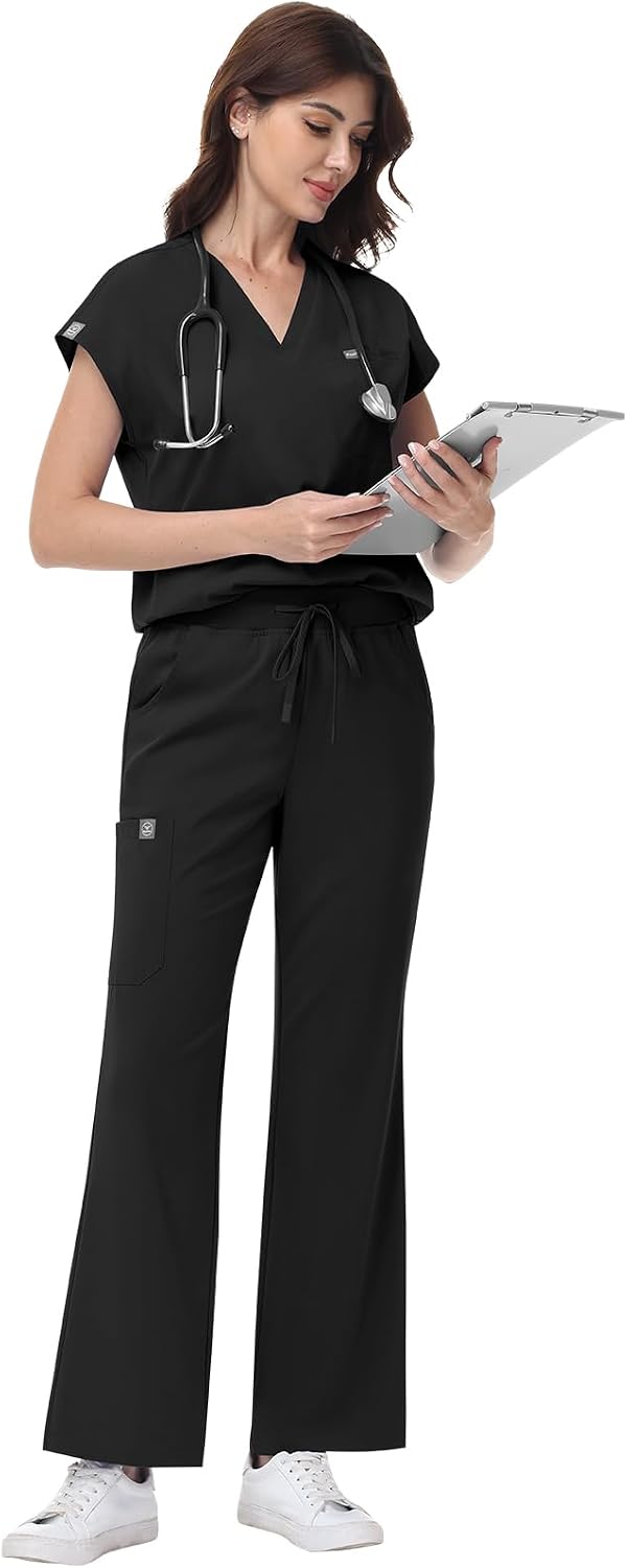 niaahinn Scrub Set for Women - V-Neck Scrub Top & Wide-Leg Pants Medical Uniforms with Stretch Fabric, Multiple Pockets