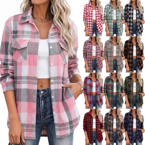 Womens Flannel Shirts Plaid Shacket Button Down Tops Pink Small - image 1