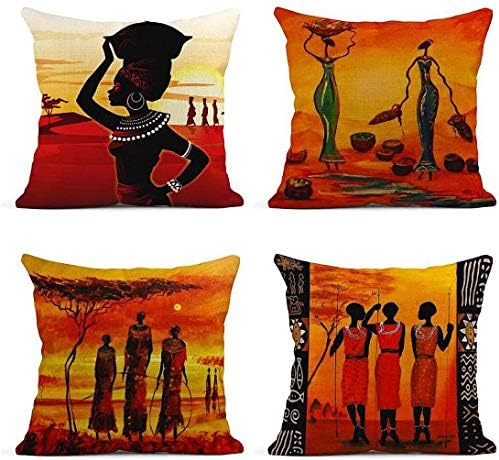 ArtSocket Set of 4 Linen Throw Pillow Covers Oil Painting African Ethnic Tribe Lady Livingroom Lips Decorative Pillow Cases Home Decor Square 24x24 inches Pillowcases