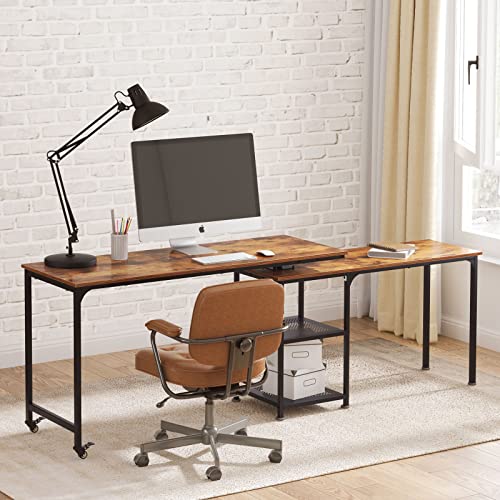 Soges Reversible L Shaped Desk, 360° Free Rotating Corner Computer Desk, 55 Inch L Desk With Storage Shelves For Home Office, Modern Study Writing Table Workstation, Rustic Brown #TOP1