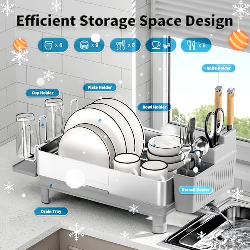 Image of Ewaiira Dish Drying Rack, 304 Stainless Steel Dish Racks for Kitchen Counter, Dish Drainers with Automatic Drainage, Utensil Holder & Cups Holder, Space Saving Kitchen Organizer, Gray