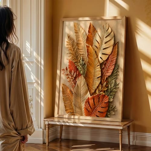 Image of NoWorries 3D Tropical Leaf Wall Painting with Frame Set of 1 | Premium Textured Botanical Leaves Artwork, Luxury Nature Wall Decor for Living Room, Bedroom, Office and Home Decoration (3d Art-6,17x25inch)
