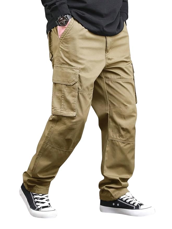 Image of Pure Cotton Cargo Pants for Men | Cargo Pant Man | Elastic Drawstring Waist Straight Fit Lower Pant | Multi-Pocket Utility Trousers for Men | Stylish Comfortable Casual Outdoor Bottom Wear