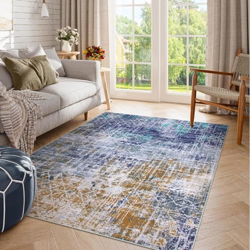 Tableau abstrait moderne tapis de créateur bleu et gris pour décoration épurée