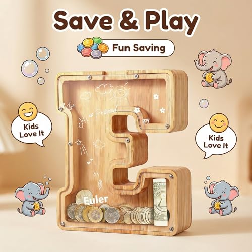 Image of UBeesize Large Piggy Banks for Boys Girls,Twenty-Six English Alphabet,Wooden Personalized Bills and Coins Bank Money Bank,DIY Name Birthday Gift,Bedroom Living Room Decoration(E)