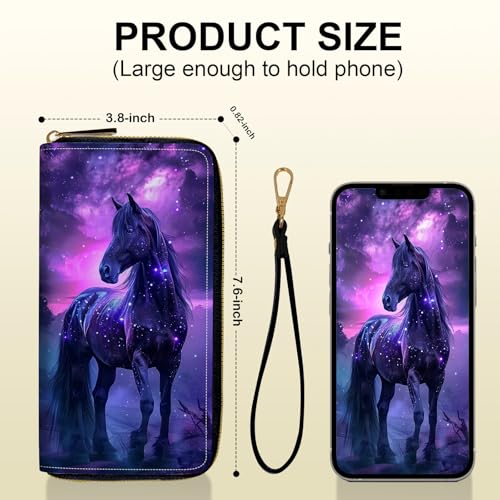 Women's Card Holder Wristlet Wallet, Convenient Travel Long Wallet with Strap and Pink Compact Mirror, Fashion and Sturdy Wristlet Long Purse for Women, Beautiful Horse Glittering Stars3