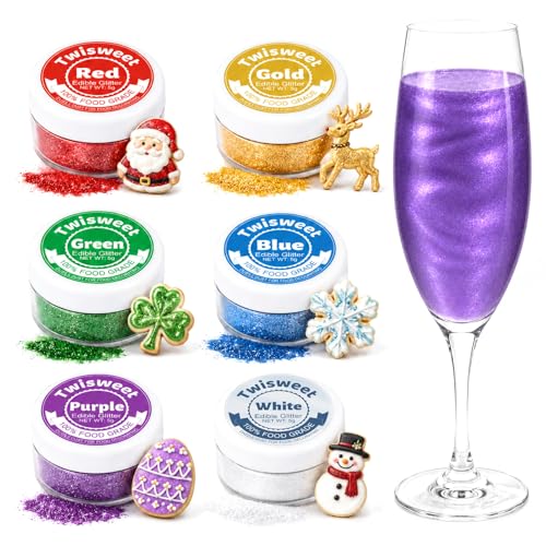 Twisweet Essbarer Glitzer für Getränke 6 Farben Essbares Glitzerpulver Set Lebensmittelechter Schimmer für Cocktails Kuchen Cupcakes Kekse & Tortendeko 5g x 6