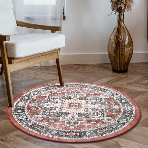 Carvapet Lavable Tapis Rond 90cm Antidérapant Fin Rouge Tapis Circulaire Salon Chambre Retro...