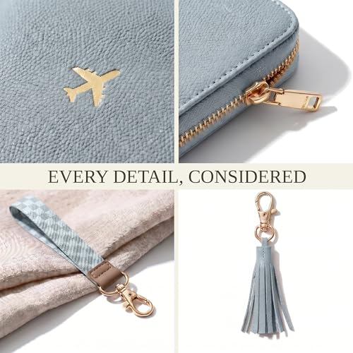 Image of Stylish Passport Holder for Travel with Detachable Wristlet Strap, Blue, 6.4 x 4.6 x 0.7 inches, Modern | All-in-one Travel Wallet Organizer for Women - Secure Money Belt Alternative with Card Slots and Tassel Keychain