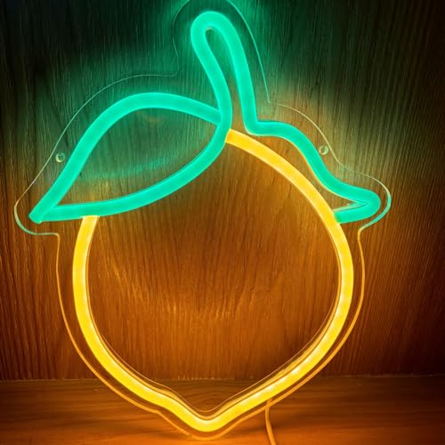 Image of Lemon Neon Sign Cute Fruit Shape Neon Light Fruits Light Up Signs for Wall Decor Apartment, Bar, Kids' Room,Yellow Led Sign for Birthday Party Bedroom,11.5 * 10.3in