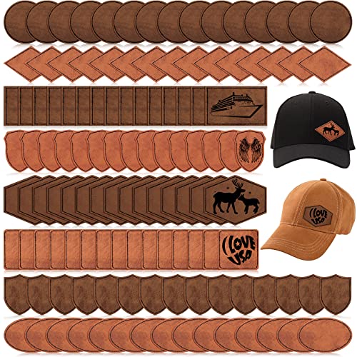 120 Pieces Rustic Leatherette Hat Patches with 8 Types of Shape Laser Engraving Blanks Patch Adhesive for Fabric Faux Leather Patch Repair Sewing Repair Patches (Khaki Archaize Color)
