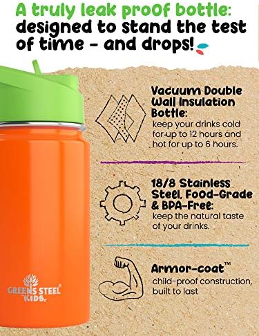Kids Water Bottle - 350ml, Orange | Leak Proof With Straw & Handle | 12 Cold | Insulated, Double Wall Stainless Steel | Easy Sip Toddler Cup | Child's Flask | Eco Friendly