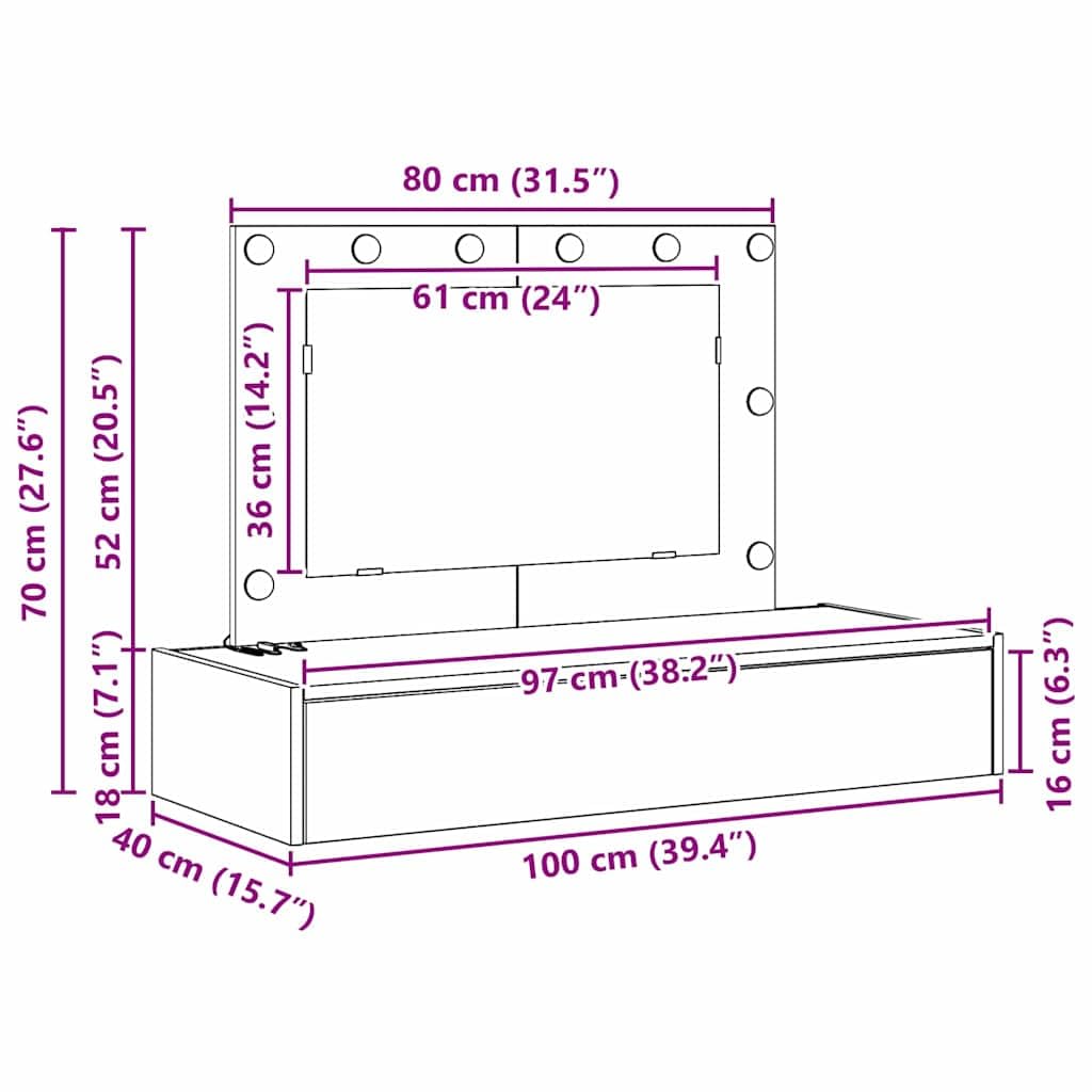 Tomostar Coiffeuse Murale avec Miroir et Lumières, Table de Maquillage Suspendue avec Tiroir Table de Toilette Murale Blanc 100 x 40 x 70 cm Bois d'ingénierie