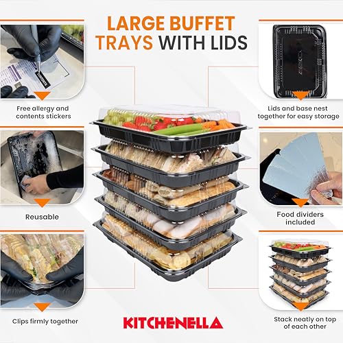 Reusable Sandwich & Serving Platter Trays with Clear Lids – Pack of 20 Catering Food Platters with Dividers & Labels for Parties, Buffets, Events & Meal Prep – 33.5 × 24 × 7 cm
