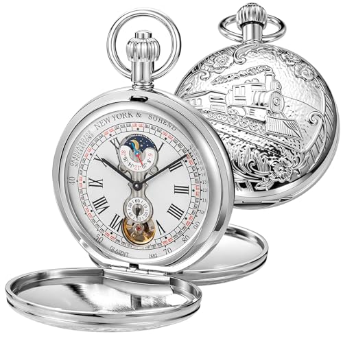Image of Men's Mechanical Pocket Watch with Chain, Vintage Full Copper Hand-Wind Second&24hours Sub-dials Pocket Watches for Men with Box