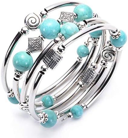 Natural Chakra Healing Crystal Wrap Bangle Bracelet, Bohemian Multilayer Charm Gemstone Mala Beads Stretch Unisex Jewelry Women Girls (Turquoise)
