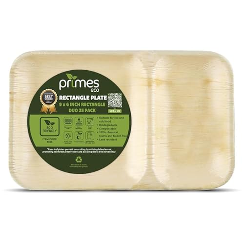 PRIMES ECO 25 Medium 9x6 inch (22x15cm) Disposable Palm Leaf Partition Trays, Eco Friendly Biodegradable Sturdy Hot Food Trays for Starters, Desserts, Fish and Chips Plates