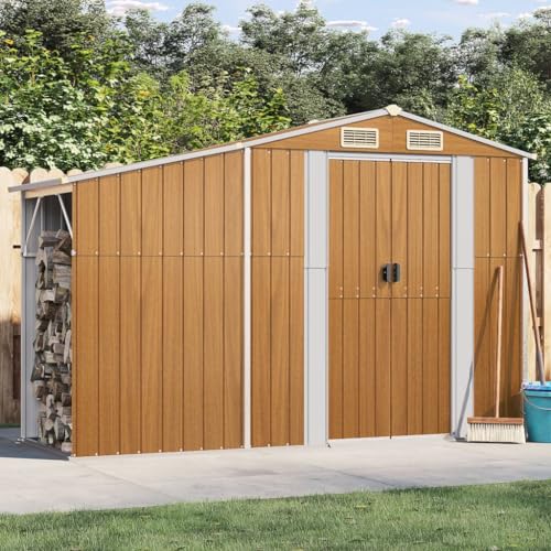 Cobertizo de jardín de acero galvanizado con almacenamiento de leña extendido, cobertizo de herramientas de jardín de metal con 2 puertas, armario de almacenamiento al aire libre