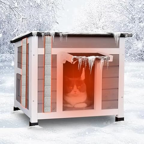 FunXplore Outdoor Cat House Insulated Feral Cat Shelter Weatherproof Outside Cat Enclosure for Winter Gray Cover