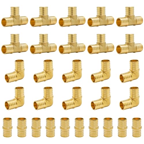 Image of SUNGATOR 30-Pack 1 Inch PEX Fittings Kit, 10 Each Elbow Tee Coupling | Brass Crimp Pipe Fitting for PEX Tubing
