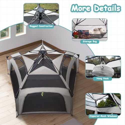 Funsland Spielzelt für Kinder, Pop Up Strandmuschel Baby Strandzelt Mädchen Spielhaus Indoor & Outdoor, Campingzelt Automatisches, 3-4 Personen, Abnehmbare obere Sonnenschutztücher, Grau